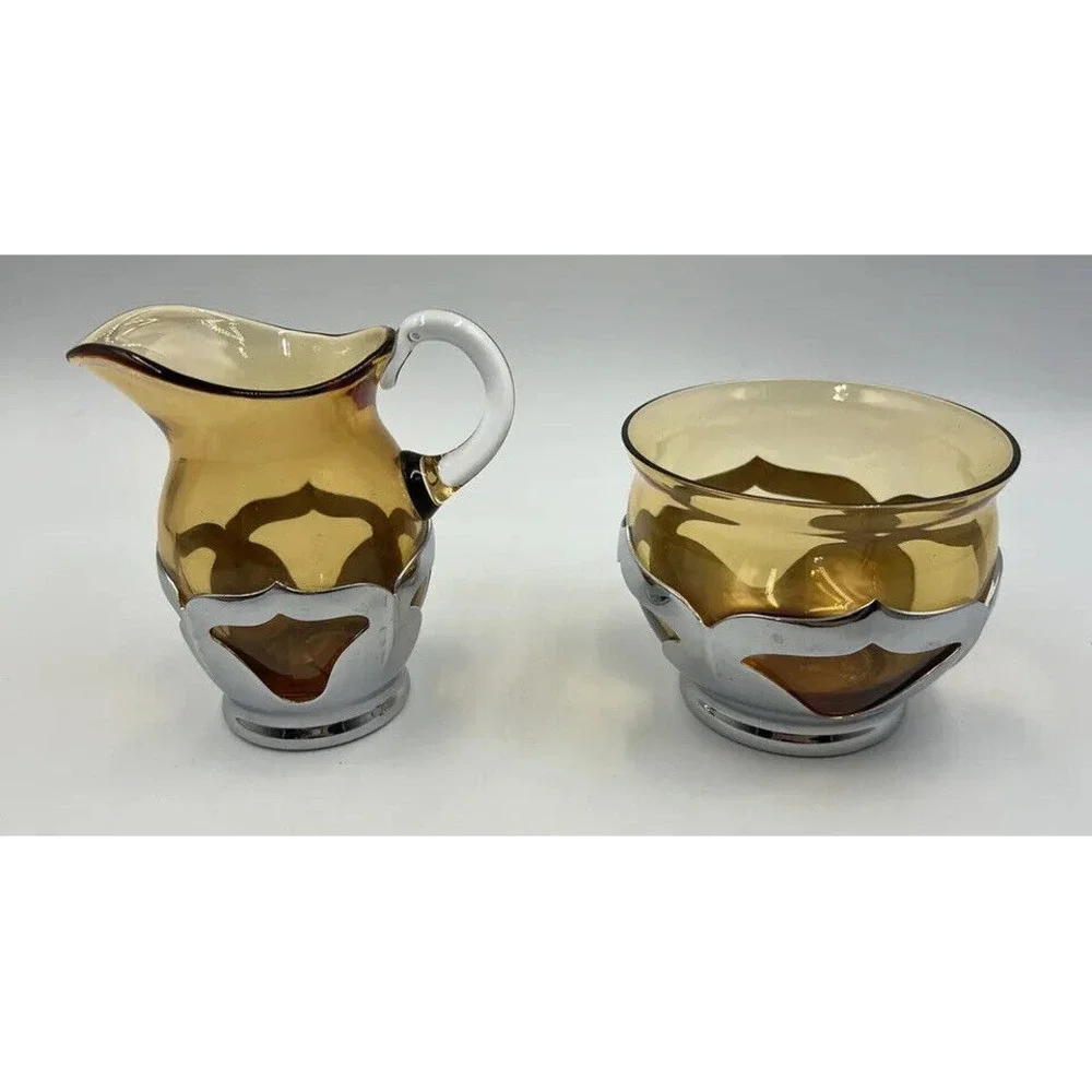 Vtg Farber Bros N.Y. Krome-Craft Amber Glass Creamer & Sugar Bowl Set Art Deco